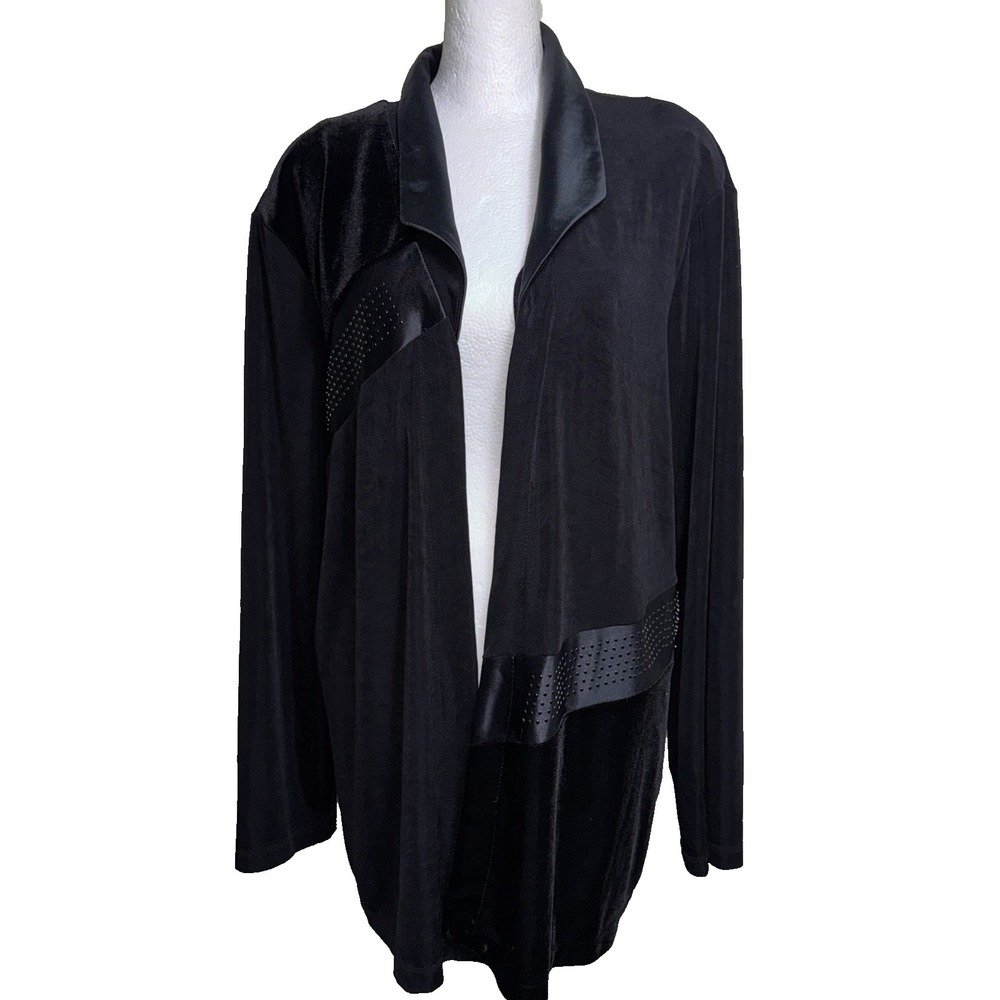 Piccadilly Fashion‎ Jacket 1X Black Velvet Satin Open Front Travel Knit Artsy